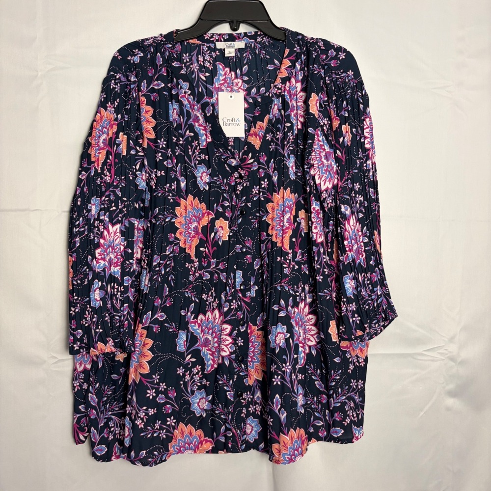 Craft & Barrow Womens XL Navy Floral Pleated Button Down Blouse WC01W203RP NEW